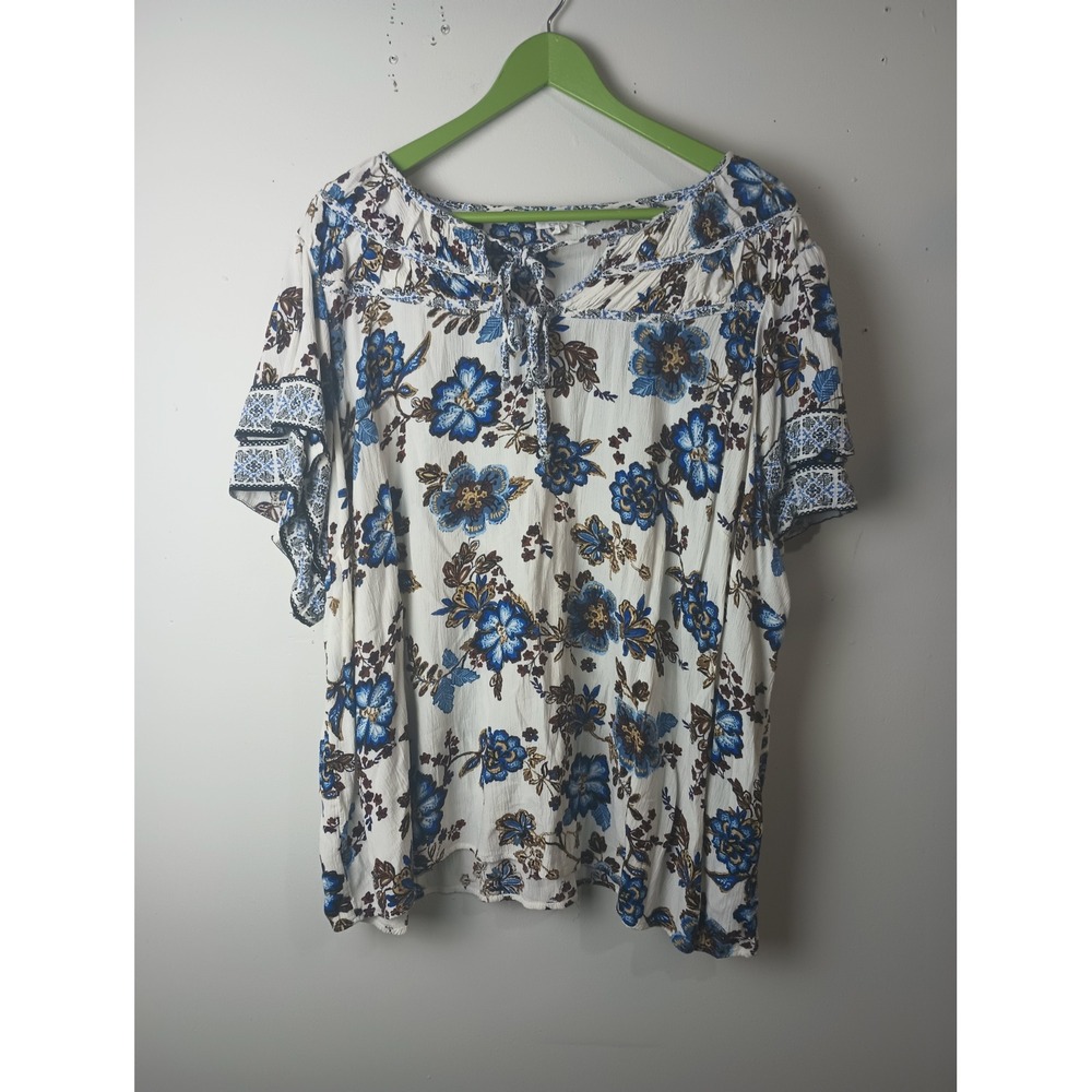Maurices Womens 3X Blue Floral Boho Peasant Blouse Tassel Tie Rayon Top